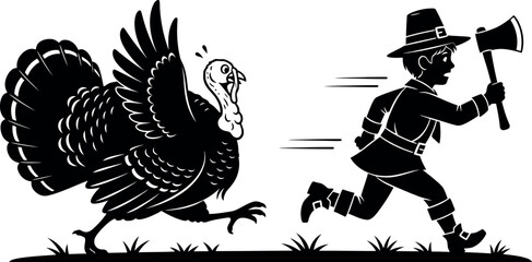 Pilgrim with axe chases a frantic turkey, preparing for thanksgiving