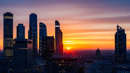 Naklejka premium This high-quality vector silhouette is perfect for design, showcasing contemporary architecture and the dynamic skyline of a major metropolitan area at dusk.