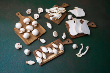 Assorted mushrooms on boards with dark green background for harvest variety or vegetarian cooking concept