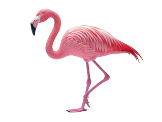 Pink flamingo stands on one leg with its head turned against black backdrop
