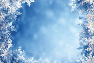 Abstract cold winter background with glittering ice crystals and shimmering snowflakes forming a festive frame. Beautiful blue bokeh effect copy space for Christmas holiday design.