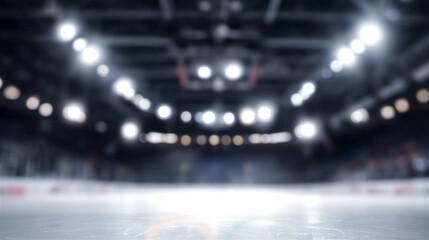 empty ice hockey rink with a blurred background of bright stadium lights and arena seating creating a dynamic atmosphere for winter sports or competition concepts