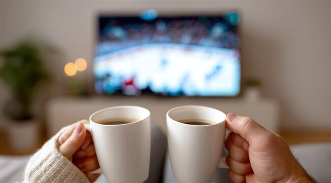 couple relaxing on a cozy sofa at home holding steaming mugs of coffee and watching an ice hockey game on tv during a quiet winter evening together
