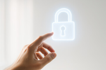 hand touching a glowing digital padlock icon representing data protection online security network privacy and access control for secure digital authentication and encrypted data storage