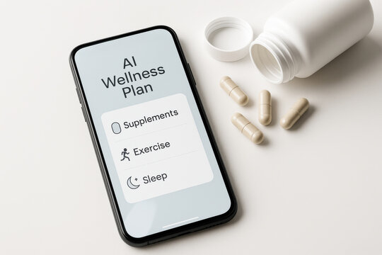 smartphone displaying an ai wellness plan app with sections for supplements, exercise and sleep next to a white bottle and scattered supplement capsules on a clean white surface
