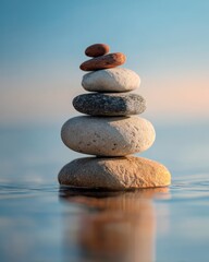 Stacked river stones balanced over calm water during a soft misty sunrise.