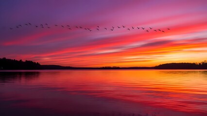 Vibrant sunset over calm lake with birds flying in formation against colorful sky
