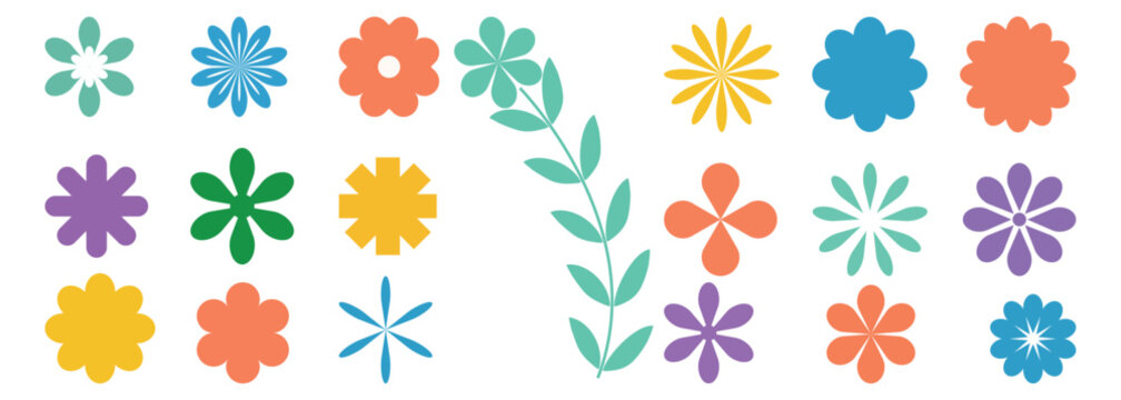 Groovy hippy daisy flowers set. hand drawn decorative elements. Collection of Brutalist abstract geometric shapes and elements. A set of four simple orange flowers. A vibrant collection of stylized.