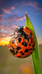 Two ladybugs mating on a blade of grass with sunset in background