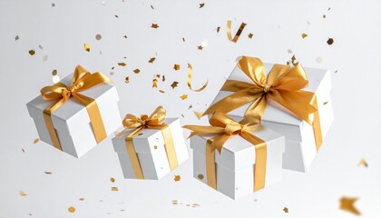 Six white gift boxes with golden ribbons float mid-air surrounded by golden confetti on a plain white background—evoking celebration and festive elegance.
