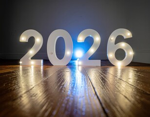 Lit-up "2026" on a hardwood floor, future's bright