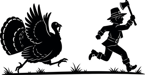 Pilgrim chasing turkey with axe, traditional thanksgiving scene