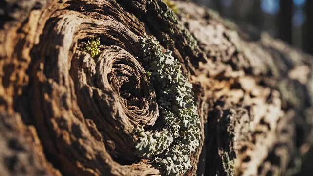 Intricate spiral vortex found in the textured bark of an old tree, detailed with moss and lichen in a forest setting