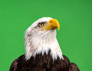 Obraz premium Majestic bald eagle portrait, white head, brown body, green backdrop