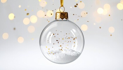 A clear glass Christmas ornament filled with artificial snow and golden stars hangs by a gold ribbon, glowing against a warm bokeh-lit background.