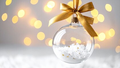 A clear glass Christmas ornament filled with artificial snow and golden stars hangs by a gold ribbon, glowing against a warm bokeh-lit background.