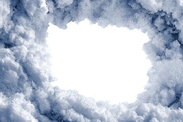 Rough crystalline snow texture border framing a central white copy space. Cold winter blue background template with ice crystals pattern for seasonal design.