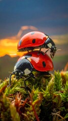 Two ladybugs stacked on each other atop a vibrant mossy surface