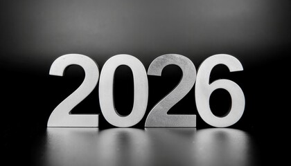 Silver '2026' year numerals against a black background