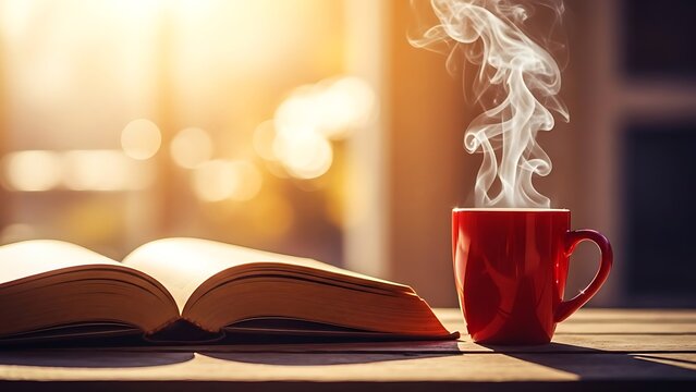 Open book and steaming red coffee mug on a wooden table, bathed in warm morning light from a window.