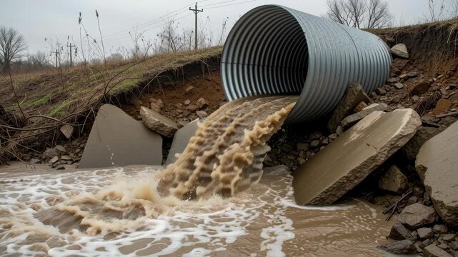 Corrugated drainage pipe pours muddy runoff into stream and dirty water flows from metal culvert into riverbank, dirty runoff from corrugated pipe highlights erosion, sediment, mud, pollution