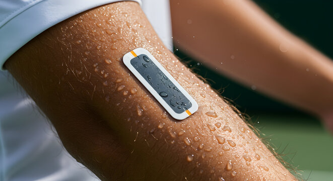 Wearable Health Monitoring Device on Athlete's Arm with Sweat Glimmering Under Sunshine During Outdoor Sports Activity