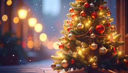 A beautifully decorated indoor Christmas tree with glowing lights, red and gold ornaments, and garlands stands near a window with falling snow—evoking festive warmth and holiday celebration.