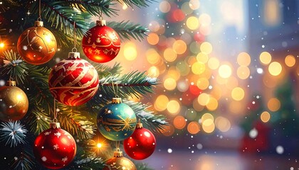 A festive Christmas tree adorned with red, gold, and green ornaments stands amid falling snow and warm blurred lights—evoking traditional holiday charm and seasonal celebration.