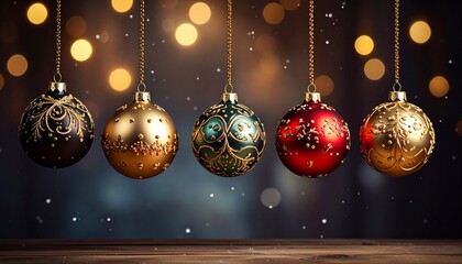 Five Christmas ornaments—four red and one white with gold snowflake designs—hang among falling snowflakes, red berries, and evergreen branches, set against a cozy winter backdrop.