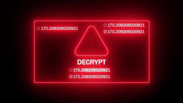 hacker tool decrypting password concept. neon red decrypt sign with random code numbers. cyber security screen with decryption command.