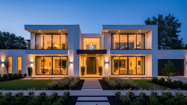 Elegant modern minimalist home exterior at twilight, illuminated contemporary luxury residence architectural design.