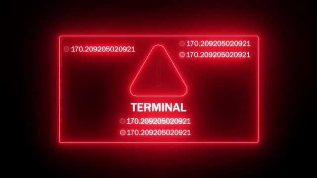 digital hud terminal status message with random numbers. cyber security terminal screen with glowing triangle. red terminal interface on black background.