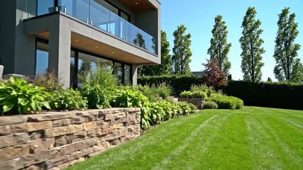 Modern Luxury Home with Landscaped Garden and Stone Wall. - Powered by Adobe