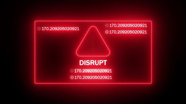 system interruption and network disruption notification. emergency service disruption visualization. glowing red frame with urgent disruption warning.