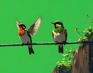 Two colorful birds perched on a wire against a vivid green backdrop