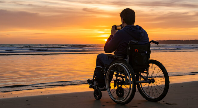 Person in Wheelchair Capturing Sunset Scene at Beach with Smartphone Along the Ocean Shoreline