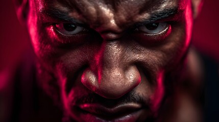 Gritty man with intense glare and freckles under harsh red light close up, perfect for cinematic posters, character design