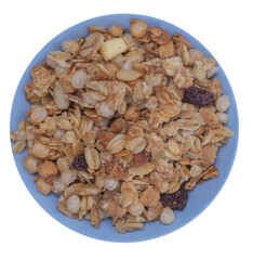 Isolated saucer with granola on a white background, top view, copy space