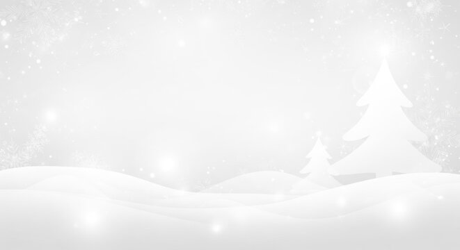 Christmas tree silhouettes against a snowy background with snowflakes and glowing lights.