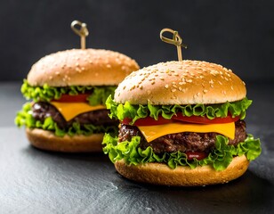 Two sesame seed-bunned gourmet burgers with toppings on a dark surface