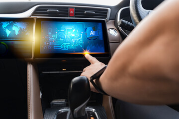 Driver touching AI digital interface on modern car touchscreen panel with futuristic technology display