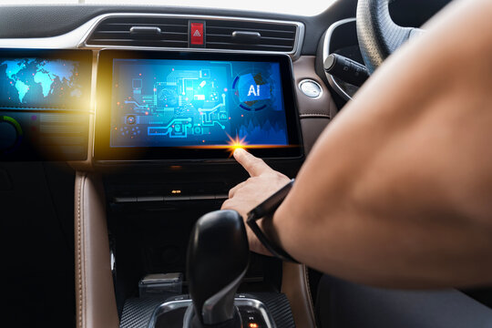 Driver touching AI digital interface on modern car touchscreen panel with futuristic technology display