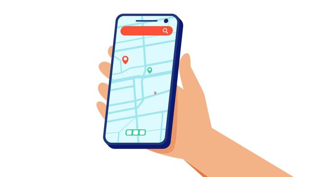Hand receiving smartphone with gps map application animation