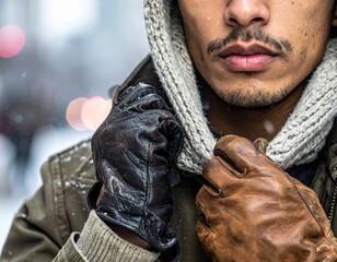 Fashionable man keeping warm with a scarf and gloves while snow gently falls around him