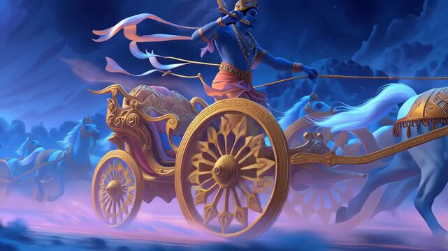 Lord Krishna riding a golden chariot on the Kurukshetra battlefield, divine blue deity driving white horses, cinematic Hindu mythology illustration