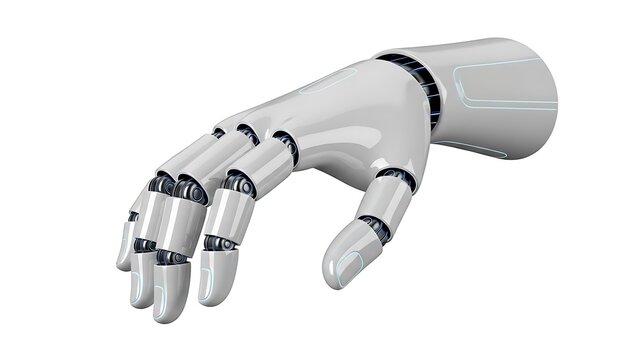 White robotic hand with detailed joints and subtle blue glowing accents, symbolizing ai, future tech, automation