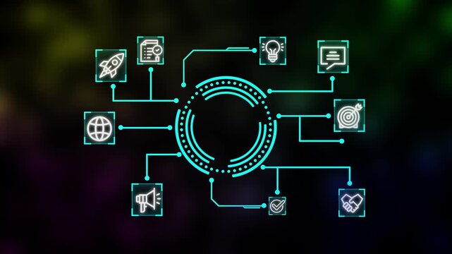 Creative Future Business Concept with Neon Icons and Flowchart strategy