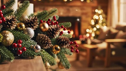 Festive Christmas mantel decoration with evergreen branches, red berries, pinecones and ornaments arranged on wooden surface. Cozy holiday setup by lit fireplace and twinkling tree in warm living - Powered by Adobe