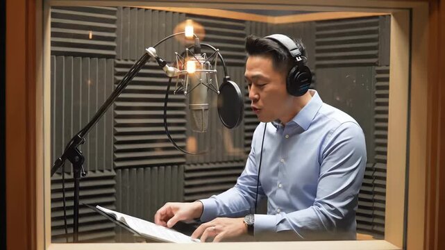 asian man in recording booth narrating, closeup of asian male voice actor wearing headphones and speaking into condenser microphone, reading script from stand, surrounded by acoustic foam panels