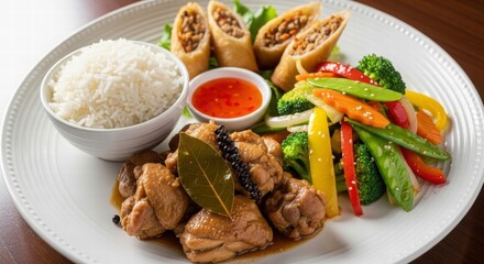 Flavorful Feast Plate: A meticulously arranged plate showcases a delightful culinary spread, perfect for those seeking a tasty and visually appealing meal. It features rice, spring rolls, vegetables.